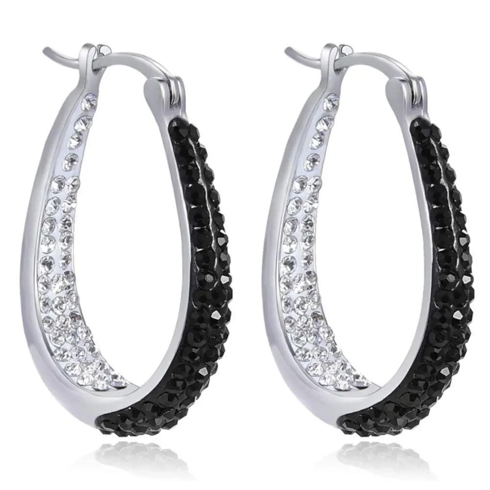 14K White Gold with Onyx and Diamond Crystal U Shape French Lock Hoop Earrings